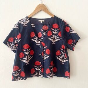 Pink Chicken Women’s Crop Top Poplin Red Dandelion Flower Navy Print
